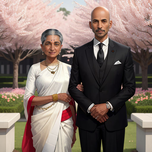 a man and woman standing next to each other in front of a tree with pink flowers in the background