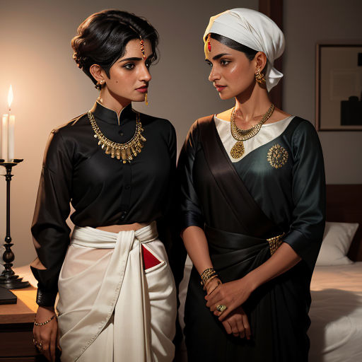 two women in black and white outfits standing next to each other in a bedroom with a candle on the side of the bed