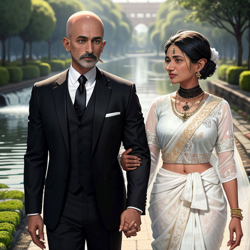 a man and woman in formal attire walking down a path next to a pond and trees in the background
