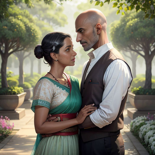 a man and woman standing next to each other in a park with trees and flowers in the background and a man in a vest and tie