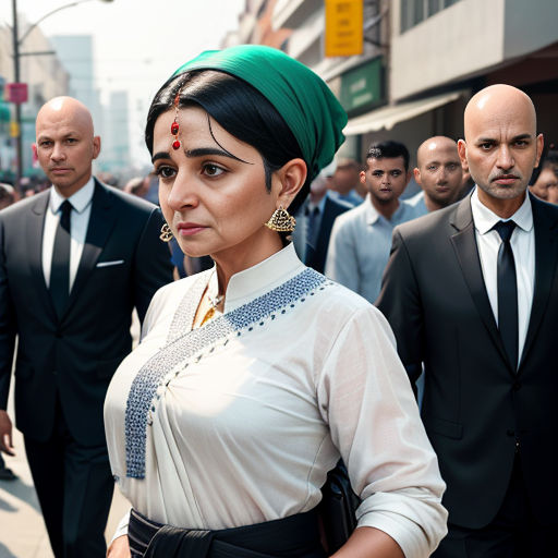 a woman in a white dress and a man in a suit and tie walking down a street with other people