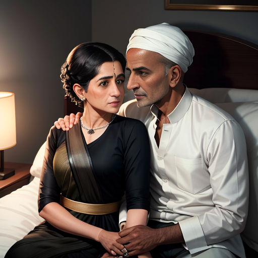 a man and woman sitting on a bed next to each other in a bedroom with a lamp on the side
