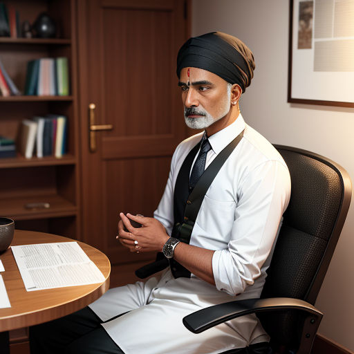 a man in a turban sitting at a desk with a cup of coffee and a pen in his hand