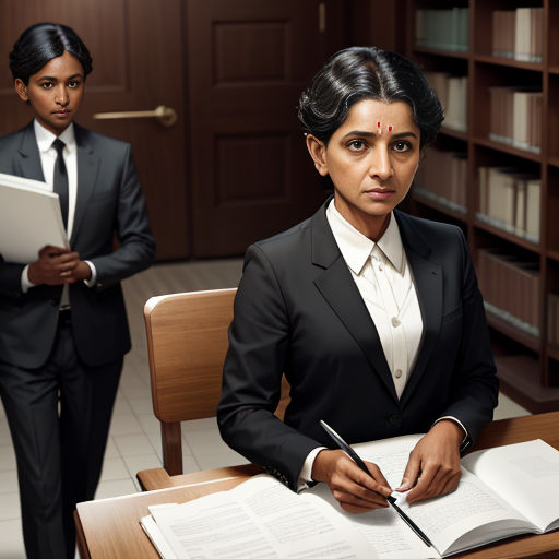 a woman sitting at a desk with a book and pen in her hand and another woman standing behind her