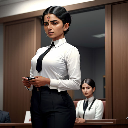 a woman in a tie standing in front of a judge and a woman in a suit and tie looking at her cell phone