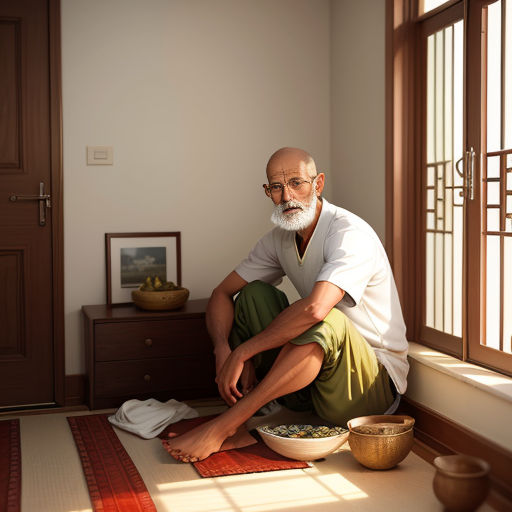 a man sitting on a mat in a room with a bowl of food and a bowl of rice on the floor