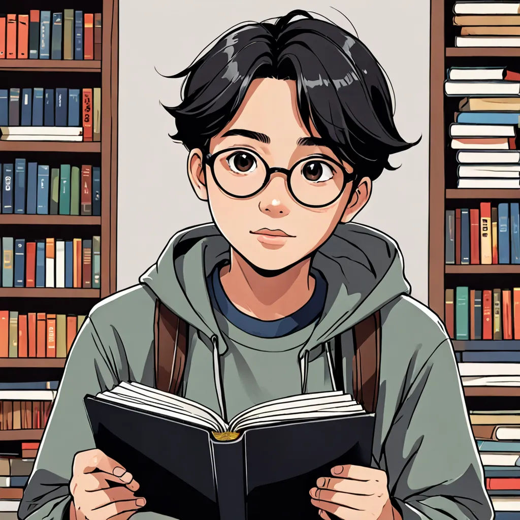 a boy with glasses reading a book in front of a bookcase of books in a library with bookshelves, academic art, a character portrait, Cedric Seaut (Keos Masons), manga