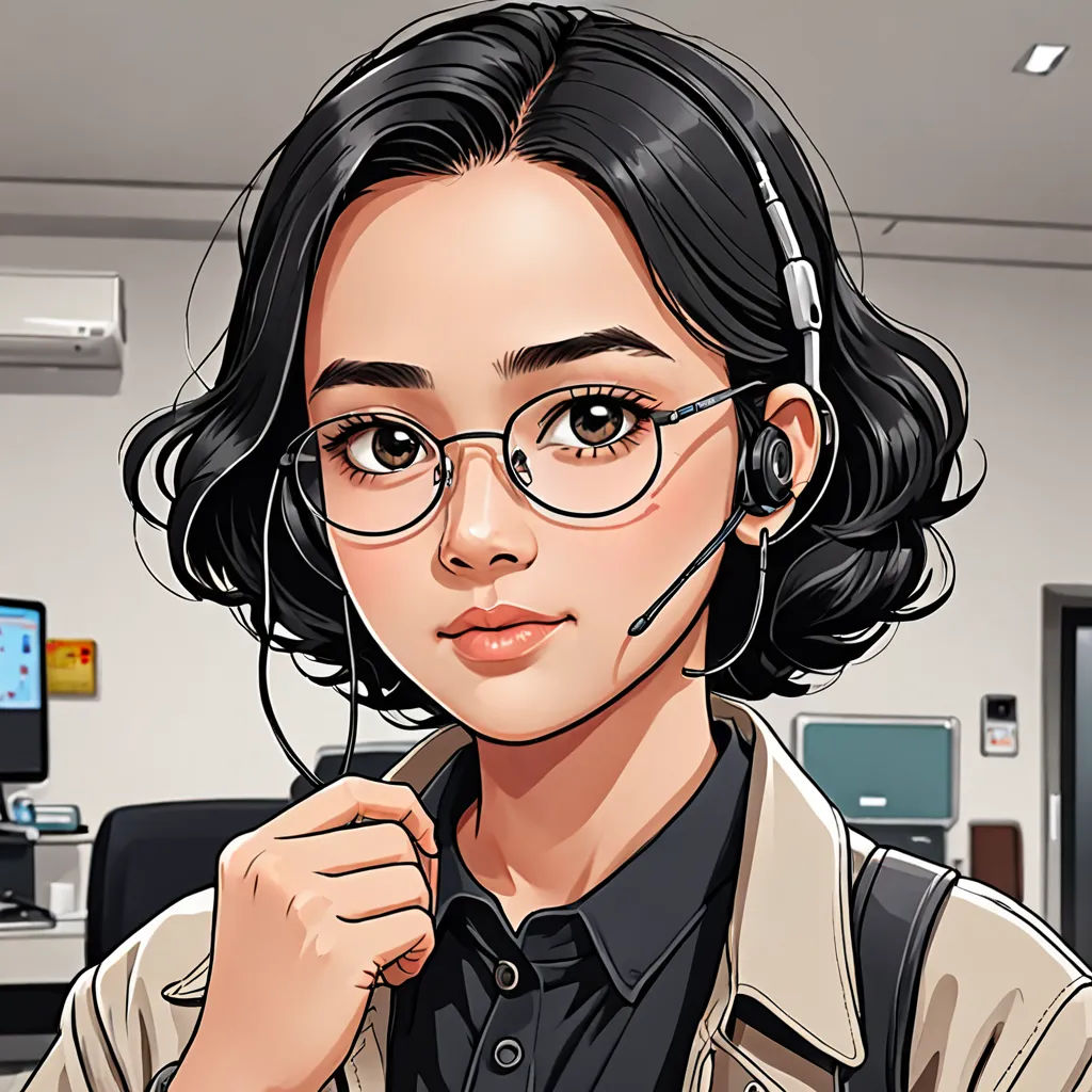 a woman with glasses and a headset in an office setting with a computer monitor and a computer screen, remodernism, a character portrait, Artgerm, character portrait