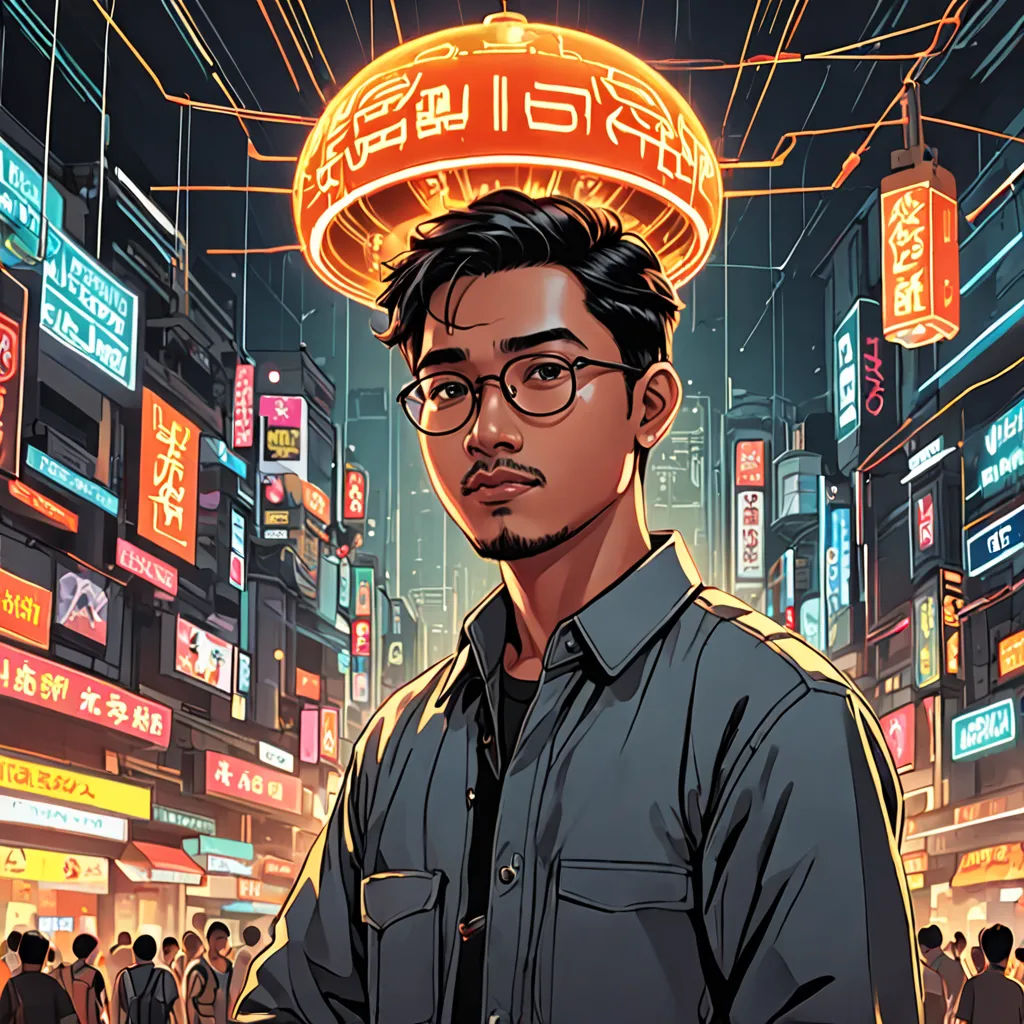 a man standing in a crowded city at night with neon signs above him and a neon sign above his head, cubo-futurism, a character portrait, Du Jin, rossdraws global illumination