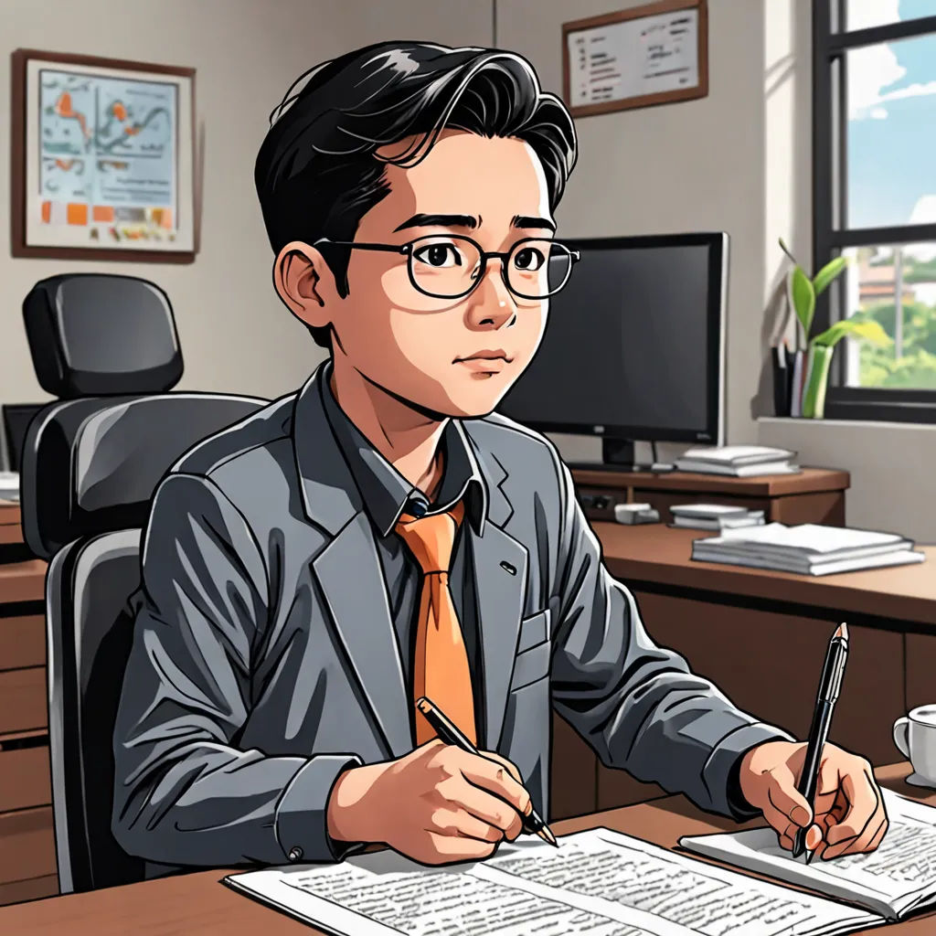 a man sitting at a desk with a pen and paper in front of him and a cup of coffee, sots art, a character portrait, Cedric Seaut (Keos Masons), official art