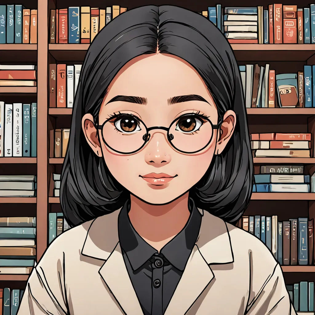 a girl with glasses standing in front of a book shelf with books on it and a bookcase behind her, academic art, a character portrait, Chen Lin, character portrait