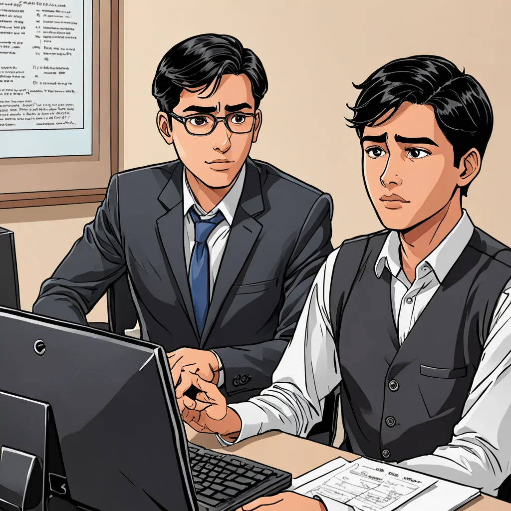 two men sitting at a desk with a laptop computer in front of them, one of them is pointing at the screen, remodernism, a comic book panel, Cedric Seaut (Keos Masons), graphic novel