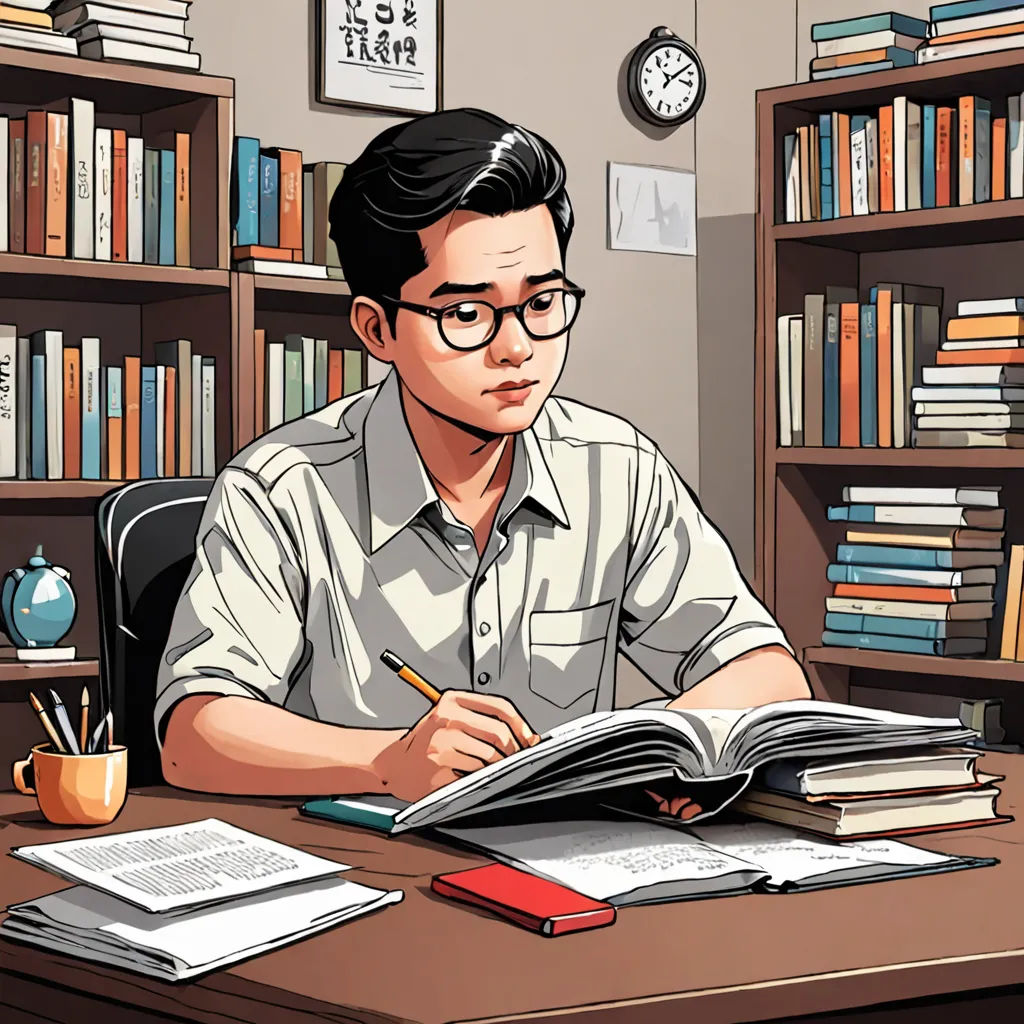 a man sitting at a desk with a book and pen in his hand and a book in front of him, academic art, a comic book panel, Bian Jingzhao, kim jung gi