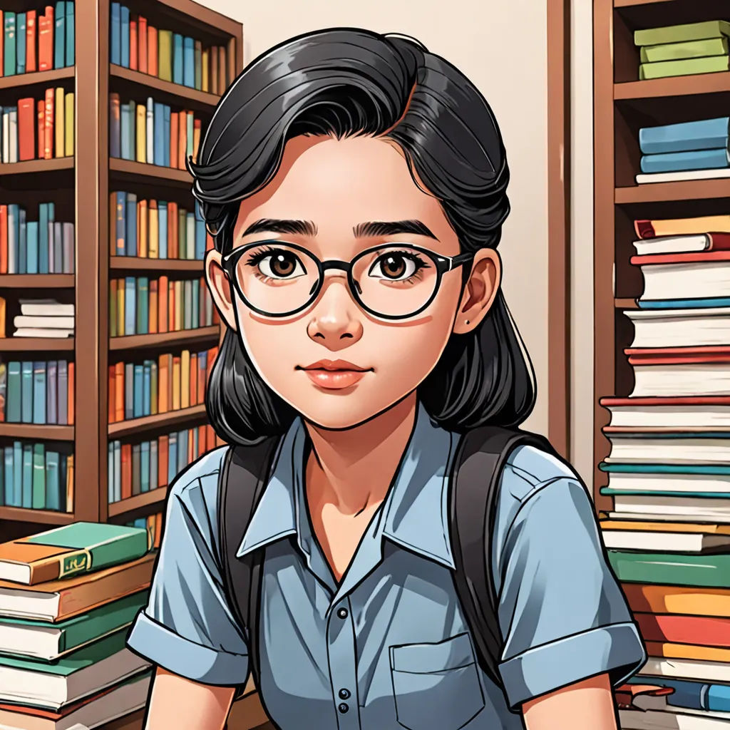 a cartoon of a girl with glasses sitting in front of a bookcase with books on it and a backpack on her shoulder, academic art, a character portrait, Choi Buk, graphic novel