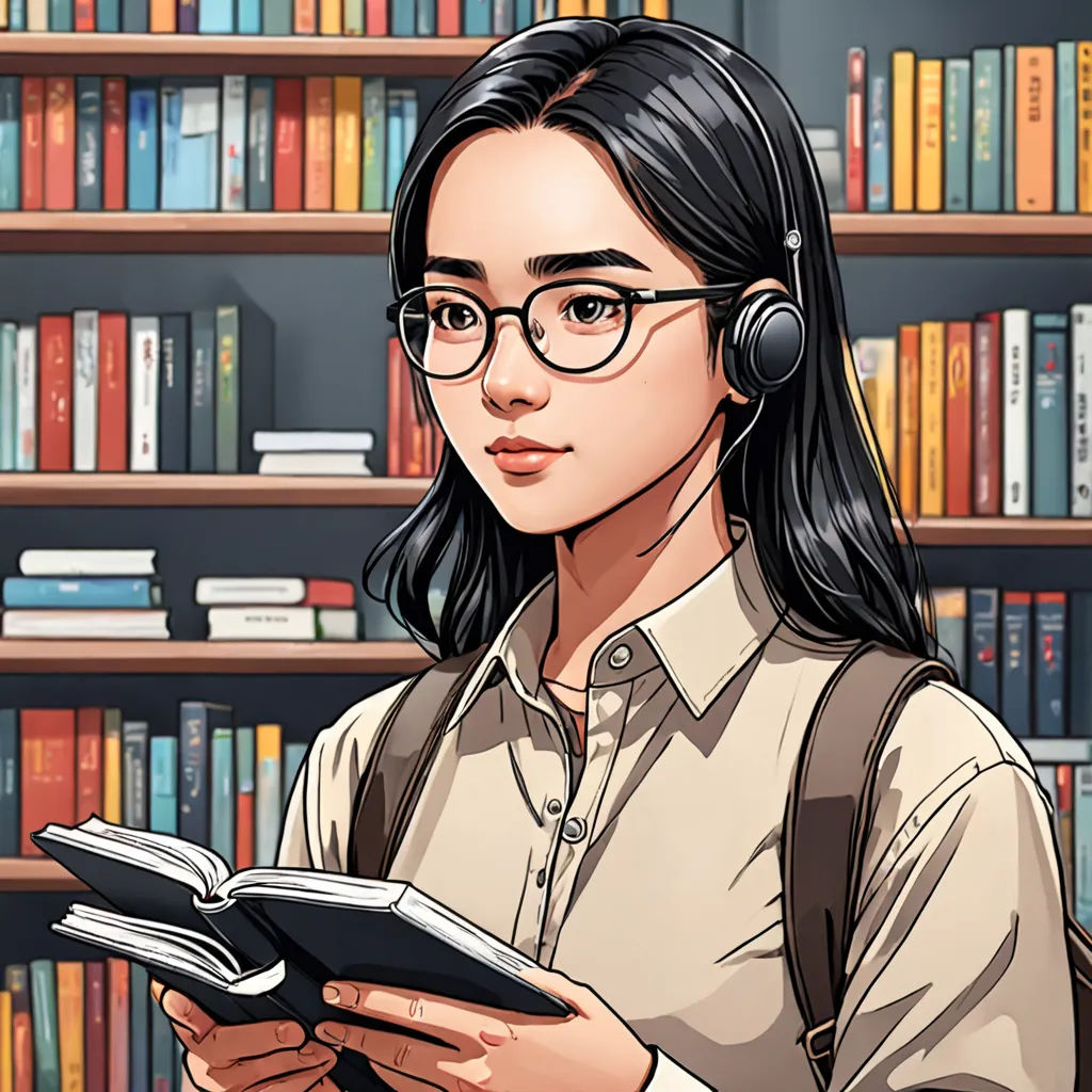 a woman wearing headphones and reading a book in a library with bookshelves behind her and a bookcase full of books, academic art, a character portrait, Choi Buk, character portrait