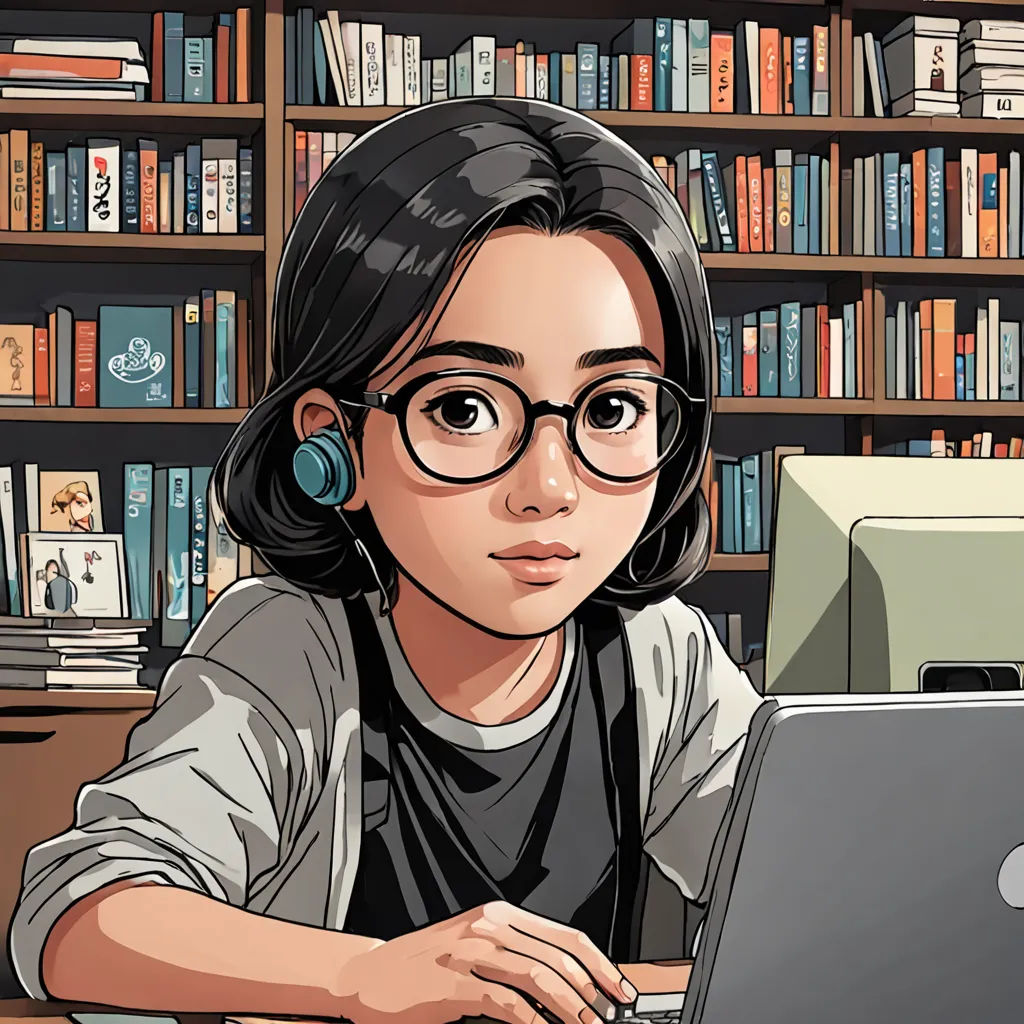 a woman sitting at a desk with a laptop computer in front of her and a bookcase full of books behind her, computer art, a character portrait, Choi Buk, kim jung gi