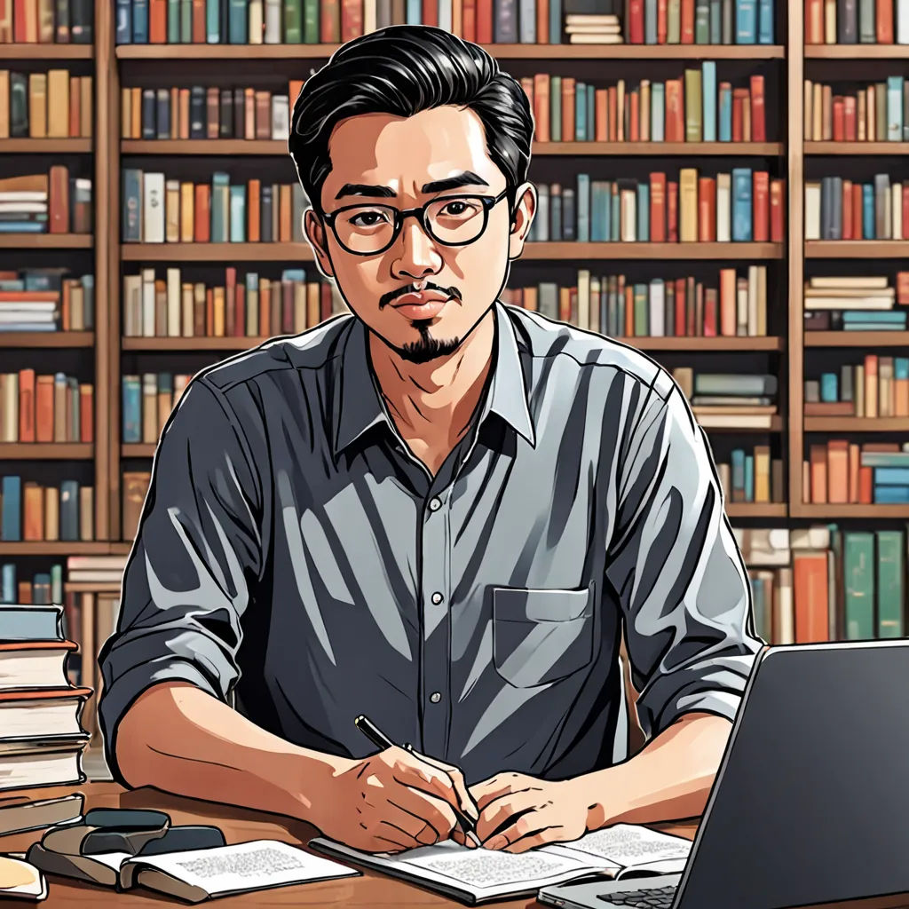 a man sitting at a desk in front of a laptop computer in front of a bookcase filled with books, academic art, a character portrait, Akira Toriyama, yukito kishiro