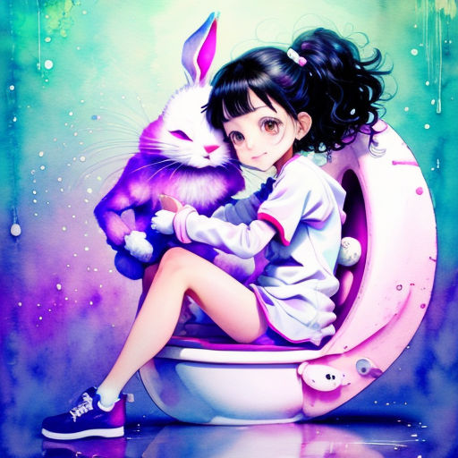 a painting of a girl sitting on a toilet with a bunny in her lap and a cat in her lap