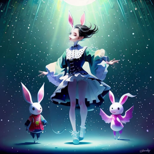a woman in a dress with rabbits on her feet and a full moon in the background with stars and a light