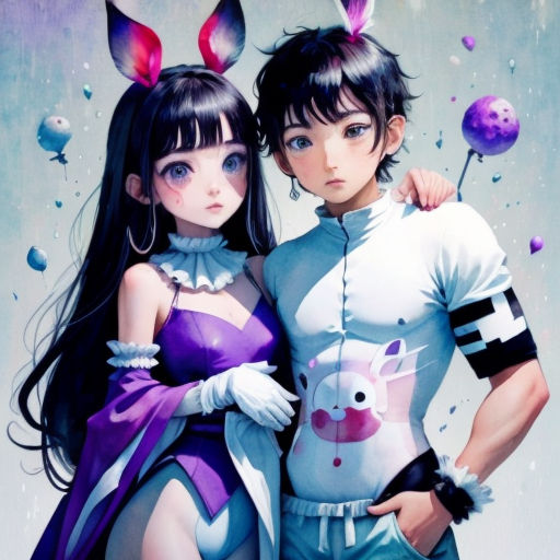 two anime girls are standing next to each other with bunny ears on their heads and one girl has her arm around the other
