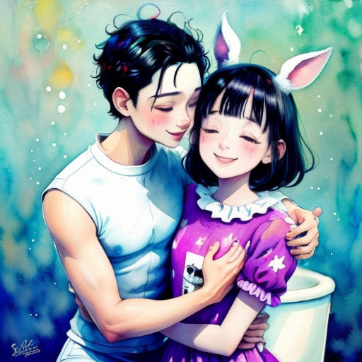 a painting of a couple hugging each other with a rabbit on their back and a rabbit on their chest