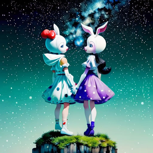two rabbits standing on top of a hill under a night sky with stars and a star filled sky behind them