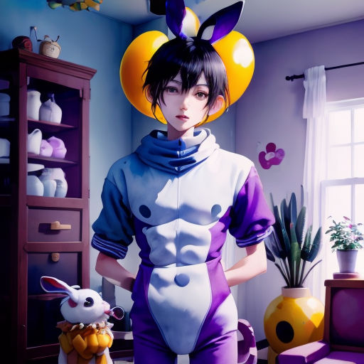 a woman in a bunny suit standing next to a stuffed animal rabbit in a room with a window and a shelf