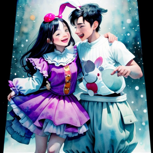 a painting of a couple dressed up as a mouse and a girl with a mouse on her lap, standing next to each other