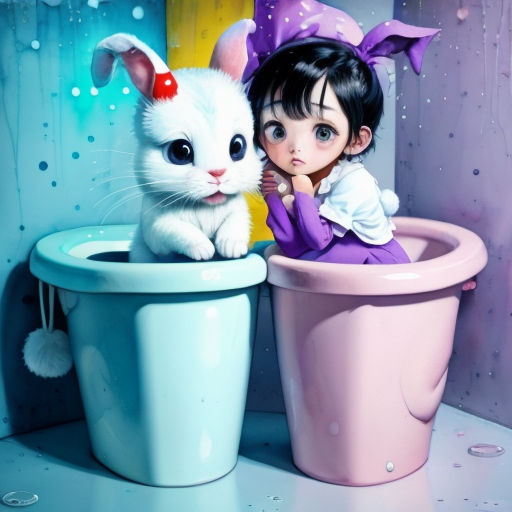 a painting of a girl and a cat in a bathroom with a toilet and a trash can with a cat in it