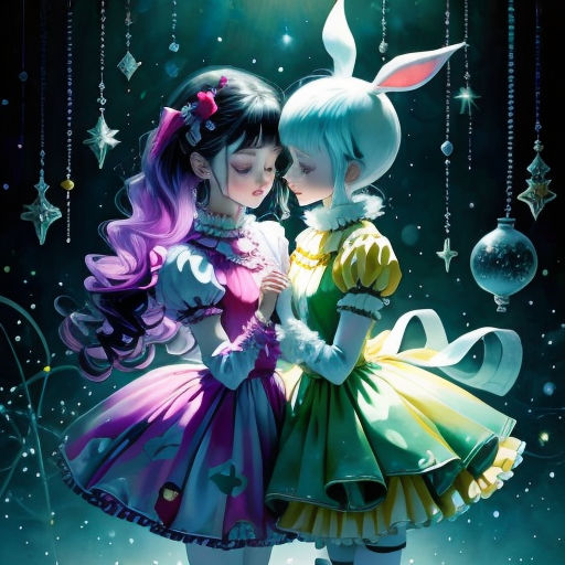 two girls dressed in colorful dresses standing next to each other in front of a night sky with stars and stars