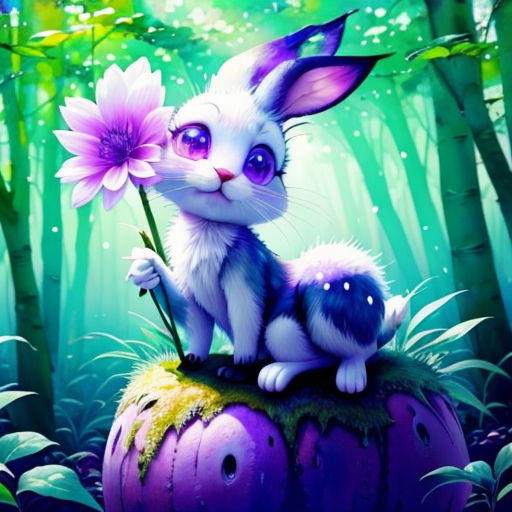 a rabbit with a flower in its hand sitting on a purple ball in the woods with green grass and trees