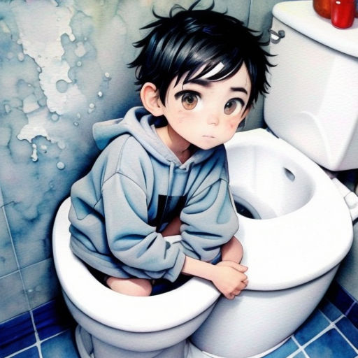 a boy sitting on a toilet in a bathroom with a blue tile floor and walls behind him is a white toilet with a black lid