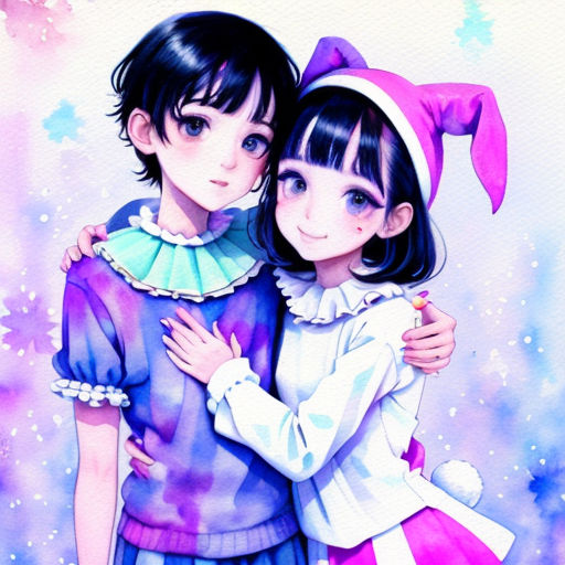 two children are hugging each other in a painting style, with stars in the background and a blue sky