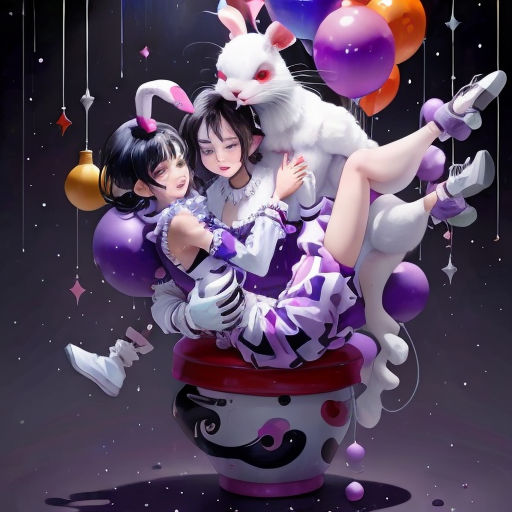 a woman and a girl are sitting on a table with balloons and a rabbit on top of it,