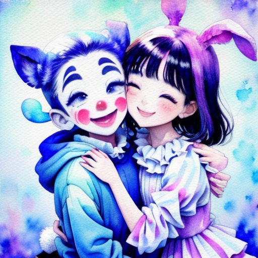 a painting of two girls hugging each other with a clown in the background and a blue background behind them