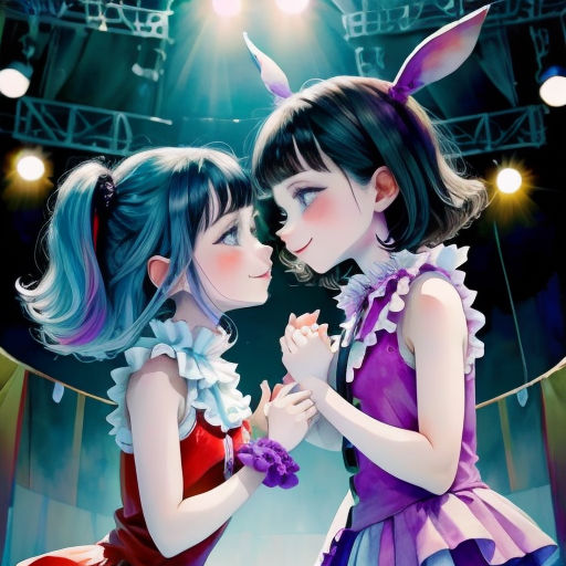 two girls dressed in bunny ears are talking to each other in front of a stage with lights and a spotlight