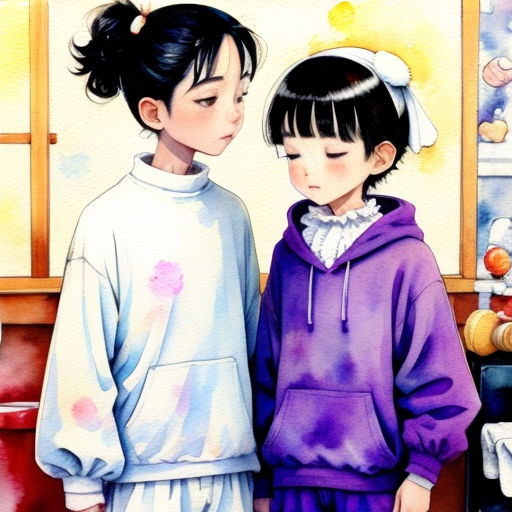 a painting of two children standing next to each other in a room with a window and a sink and a teddy bear