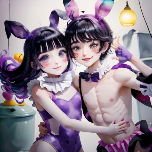 a couple of anime characters are hugging each other in a room with lights and decorations on the ceiling above them