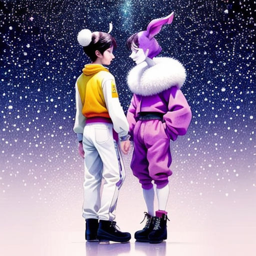 a couple of people standing next to each other in front of a sky filled with stars and stars with a rabbit on top of them