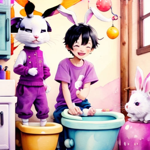 a child is playing with a toilet with a bunny on it and a rabbit on the toilet seat in front of a wall with a rabbit and a bunny on the wall