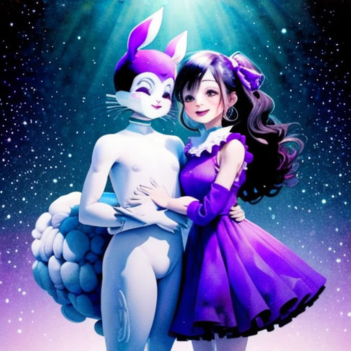 a woman in a purple dress hugging a cat in a space scene with stars in the background and a purple background