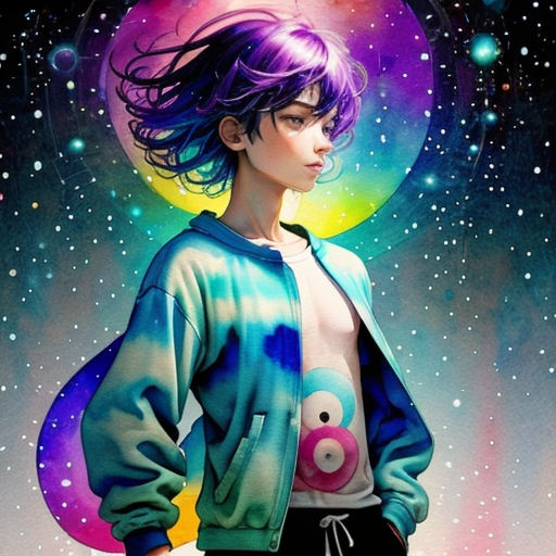 a woman with purple hair standing in front of a galaxy background with stars and a moon in the sky