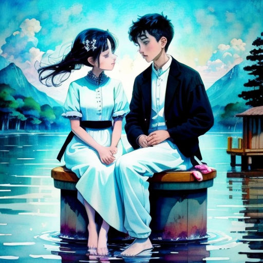a painting of a couple sitting on a bench in the water with a mountain in the background and a lake in the foreground