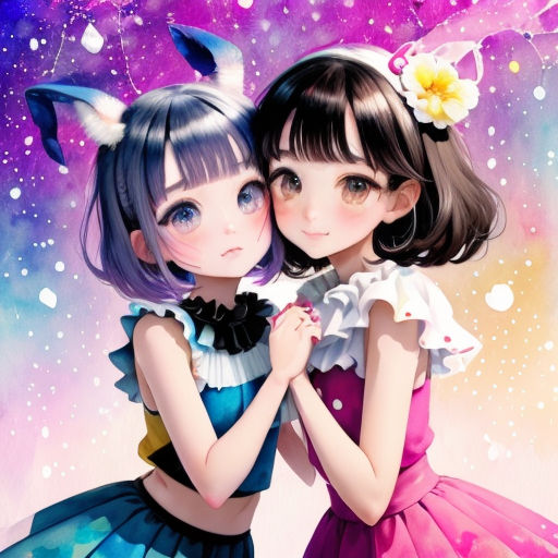 two girls hugging each other in front of a purple background with stars and a sky full of stars and a cat