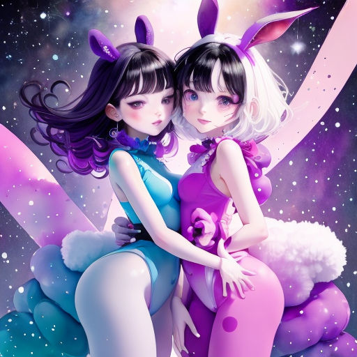 two anime girls sitting on a cloud with a rabbit on their back, and a moon in the background