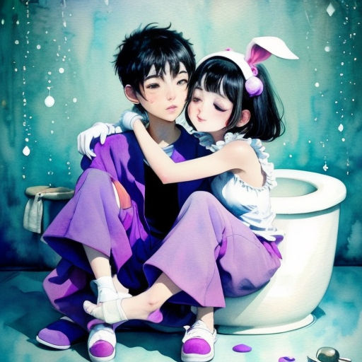 a painting of two children sitting on a toilet together, one of them is hugging the other is holding the child