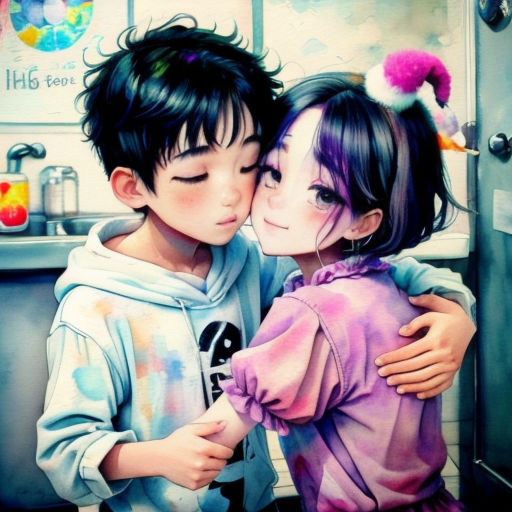 a couple of kids that are standing in a kitchen together, kissing each other and hugging each other with their eyes closed
