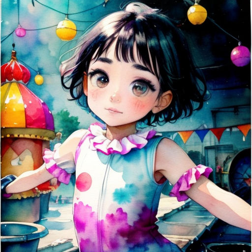 a girl in a dress standing next to a potted plant and a building with a clock on it