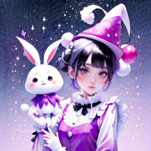a girl with a bunny in her hand and a rabbit in her hand, in a purple dress and hat