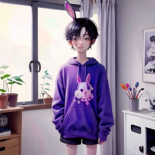 a person wearing a purple hoodie with a bunny on it's face and a pink pig on their chest
